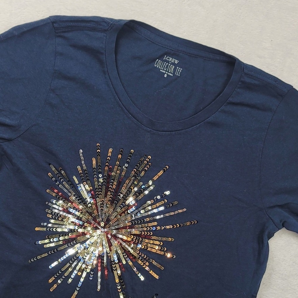 J.Crew Collector Tee Navy Blue Sequin Firework Starburst Cotton T-Shirt Small